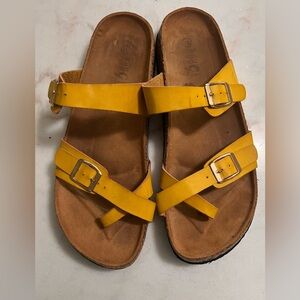 Rogue  Yellow Women's Slide Buckle T-Strap Cork Platform Flip Flop Shoes Sandals